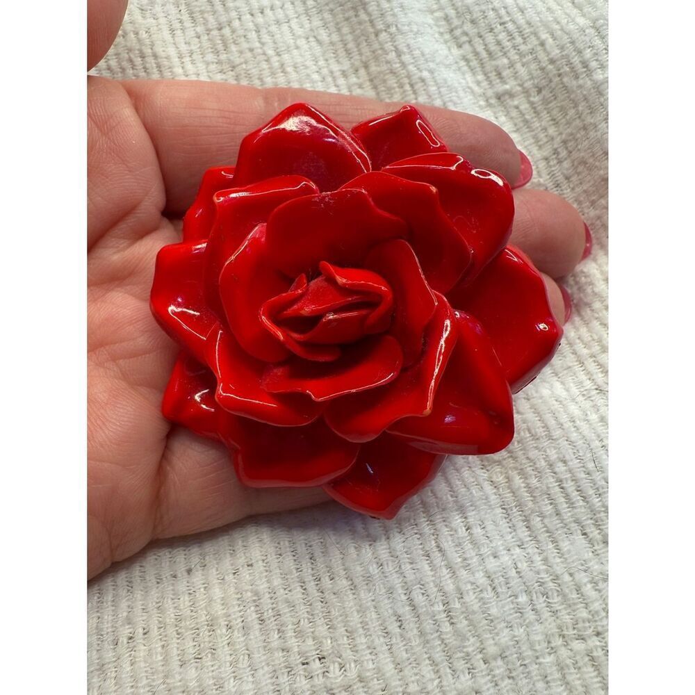 Vintage 1950s Celluloid Romantic Cottagecore Red Rose Brooch